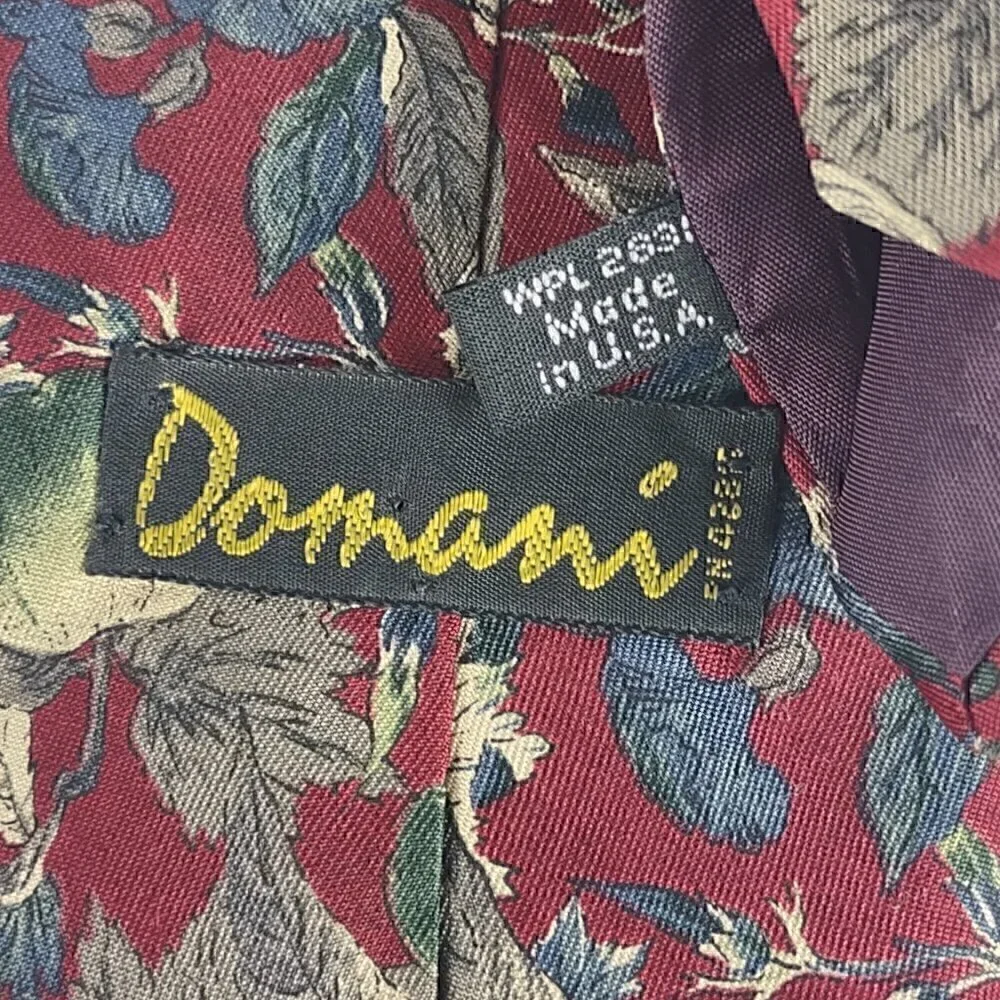 Domani Mens Burgundy, Blue, Gray Green, Flower Pattern 100% Italian Silk Necktie - Picture 9 of 9